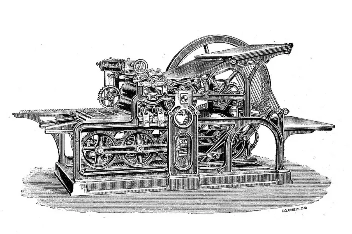 Framed Print : Printing technique, simple high-speed press with railway movement and cylindrical undercarriage, by Koenig und farmer, Oberzell Monastery near Wuerzburg, Germany, digitally restored reproduction of an original 19th century master Framed Print : Printing technique, simple high-speed press with railway movement and cylindrical undercarriage, by Koenig und farmer, Oberzell Monastery near Wuerzburg, Germany, digitally restored reproduction of an original 19th century master