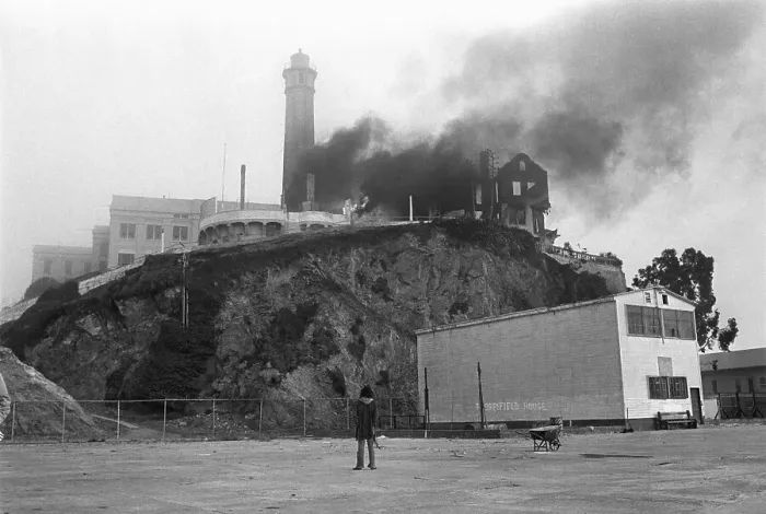 Framed Print : Former Prison Burning On Alcatraz Island Framed Print : Former Prison Burning On Alcatraz Island