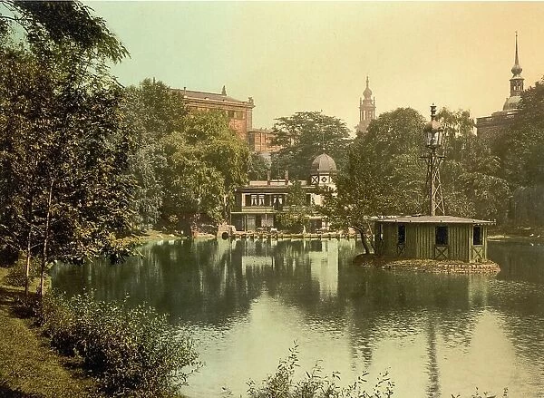 The prison pond in the old town of Dresden in Saxony, Germany, Historic, digitally restored reproduction of a photochrome print from the 1890s