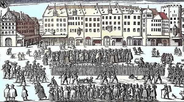 Procession of the butchers in Nuremberg, Germany, 1658, with a 658 cubit long sausage, Historic, digitally restored reproduction from a 19th century original