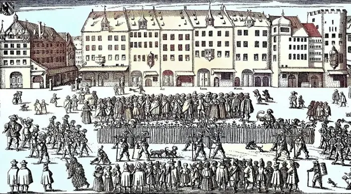 Framed Print : Procession of the butchers in Nuremberg, Germany, 1658, with a 658 cubit long sausage, Historic, digitally restored reproduction from a 19th century original Framed Print : Procession of the butchers in Nuremberg, Germany, 1658, with a 658 cubit long sausage, Historic, digitally restored reproduction from a 19th century original