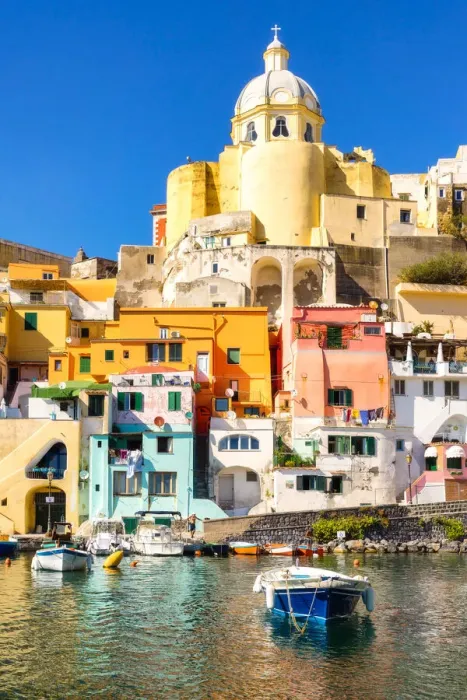 Framed Print : Procida, multi colours houses in La Corricella Harbour. Naples, Campania, Italy