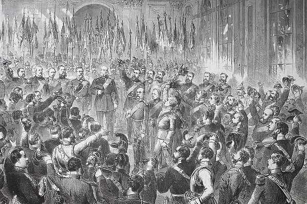 The Proclamation of the German Empire in the Gallery of Mirrors at the Palace of Versailles on 18 January 1871, France, during the Franco-Prussian War of 1870-1871, Historical, digitally restored reproduction of a 19th century original
