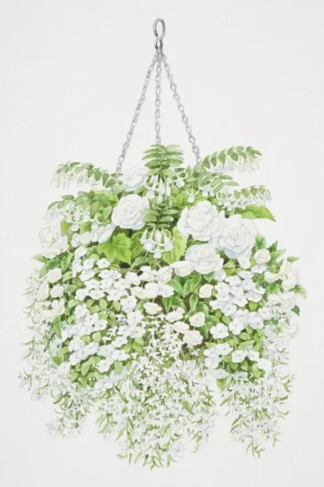 Framed Print : Profusion of white flowers tumbling from hanging basket, from top to bottom, bell-shaped flowers of Fuchsia, large white flowers of Begonia, small round flowers of Impatiens or Busy Lizzie and tiny flowers of Lobelia Framed Print : Profusion of white flowers tumbling from hanging basket, from top to bottom, bell-shaped flowers of Fuchsia, large white flowers of Begonia, small round flowers of Impatiens or Busy Lizzie and tiny flowers of Lobelia
