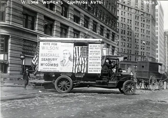 Framed Print : Propaganda Poster On Wilson Campaign Car Framed Print : Propaganda Poster On Wilson Campaign Car
