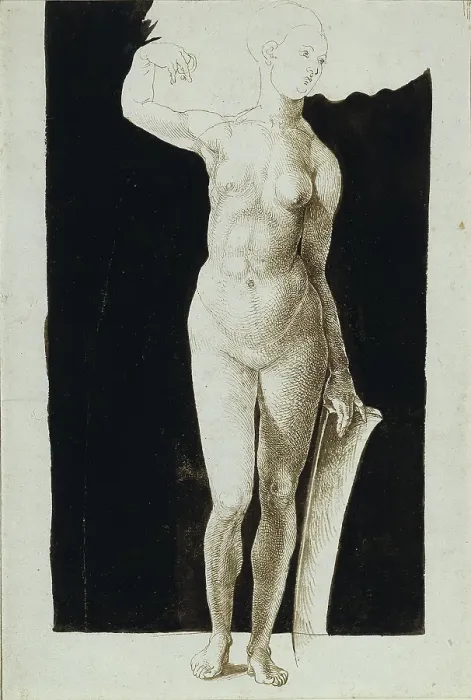 Framed Print : Proportion study of female nude with a shield, 1500. Artist: Dürer, Albrecht (1471-1528) Framed Print : Proportion study of female nude with a shield, 1500. Artist: Dürer, Albrecht (1471-1528)
