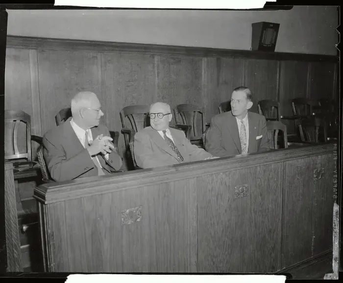 Framed Print : Prosecution Attorneys in Sheppard Trial Waiting in Jury Box Framed Print : Prosecution Attorneys in Sheppard Trial Waiting in Jury Box