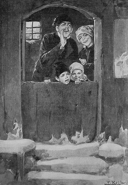 Prosit Neujahr, Family calls a greeting to the neighbours, 1880, Germany, Historic, digital reproduction of an original 19th-century template, original date not known