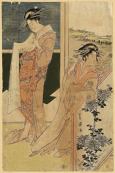 Prostitution, brothel in Sanya, the print shows two courtesans standing, one leaning against a railing, looking to the right, the other with a scroll in her hand, reading, 1794, Japan, Historic