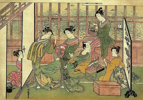 Prostitution, a brothel in Shinagawa, the print shows five courtesans attending to the needs of a male customer, one woman playing a shamisen, another preparing a pipe for smoking, 1774, Japan, Historic