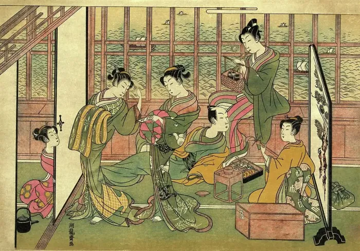 Framed Print : Prostitution, a brothel in Shinagawa, the print shows five courtesans attending to the needs of a male customer, one woman playing a shamisen, another preparing a pipe for smoking, 1774, Japan, Historic Framed Print : Prostitution, a brothel in Shinagawa, the print shows five courtesans attending to the needs of a male customer, one woman playing a shamisen, another preparing a pipe for smoking, 1774, Japan, Historic