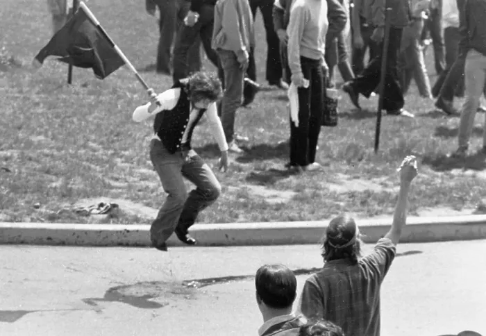 Framed Print : Protester at Kent University Demonstrating Against Shootings Framed Print : Protester at Kent University Demonstrating Against Shootings