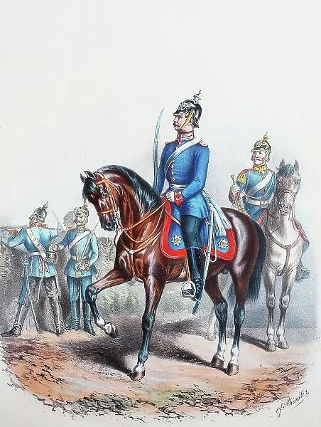 Prussian Army, Prussian Guard, I. and II. Guard Dragoon Regiment, common soldiers, officer, trumpeter, army uniform, military, Prussia, Germany, digitally restored reproduction of a 19th century original