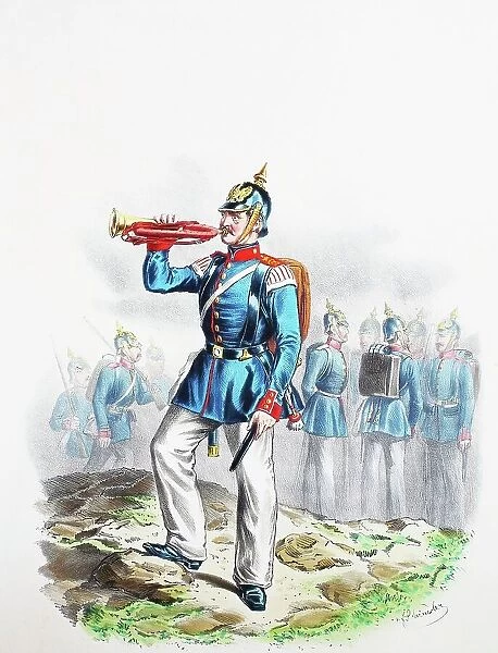 Prussian Army, Prussian Guard, Leib-Grenadier Regiment, Brandenburg No. 8, bugler, fusilier, army uniform, military, Prussia, Germany, digitally restored reproduction of a 19th century original
