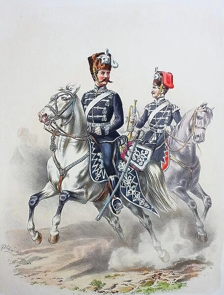 Prussian Army, Prussian Guard, Leib Hussar Regiment, Officer, Trumpeter, Army Uniform, Military, Prussia, Germany, Digitally restored reproduction of a 19th century original