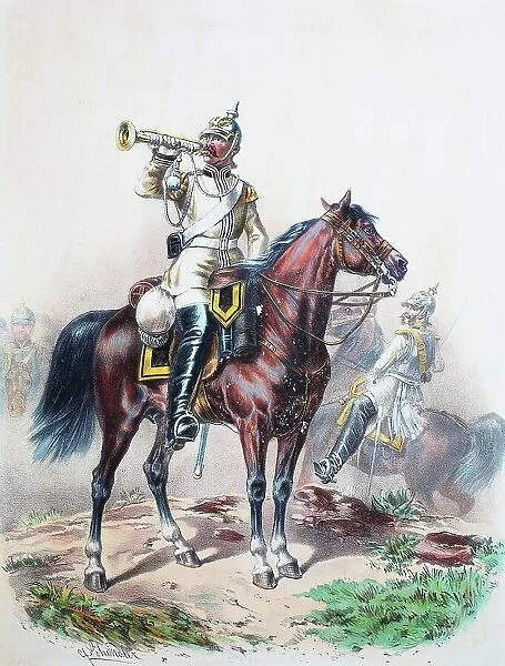 Prussian Army, Prussian Guard, Leib Kuerassier Regiment, Silesian No. 1, Trumpeter, Officer, Army Uniform, Military, Prussia, Germany, digitally restored reproduction of a 19th century original