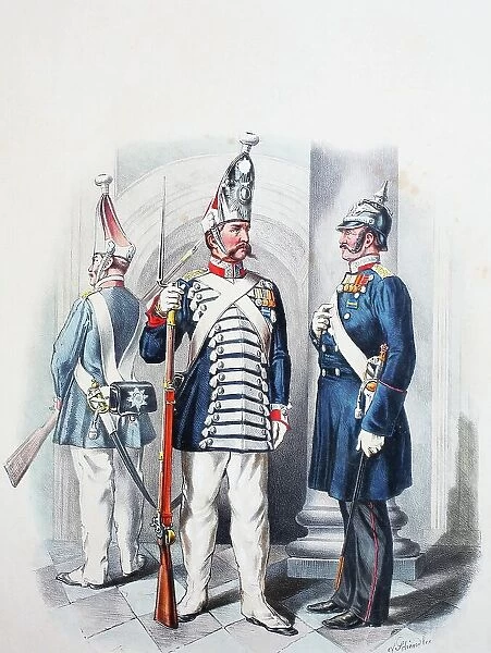 Prussian Army, Prussian Palace Guard Company, non-commissioned officer in gala uniform and sergeant on duty, army uniform, military, Prussia, Germany, digitally restored reproduction of a 19th century original