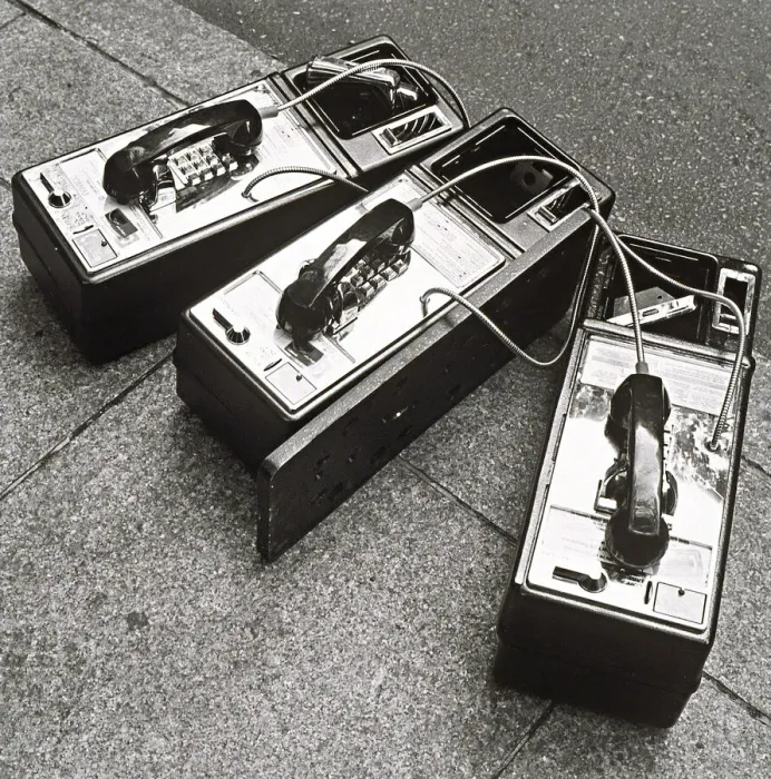 Framed Print : Public phones lying on sidewalk Framed Print : Public phones lying on sidewalk