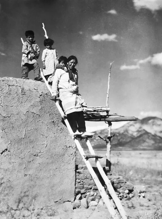 Framed Print : Pueblo Indian Mother and Children Descend a Ladder Framed Print : Pueblo Indian Mother and Children Descend a Ladder