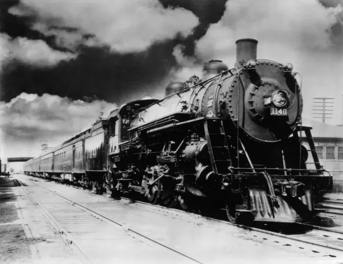 Framed Print : Pullman. View of a Pullman Locomotive and a line of freight cars at a railroad Framed Print : Pullman. View of a Pullman Locomotive and a line of freight cars at a railroad