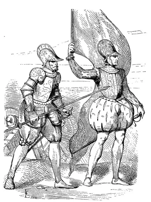 Framed Print : Pumphose, Pumphose is a pair of loose-fitting trousers made of woollen fabric, reaching to the knee and closed there with ribbons, soldier with pike and standard bearer, France, 1563, History of Fashion, Costume History, Historical Framed Print : Pumphose, Pumphose is a pair of loose-fitting trousers made of woollen fabric, reaching to the knee and closed there with ribbons, soldier with pike and standard bearer, France, 1563, History of Fashion, Costume History, Historical