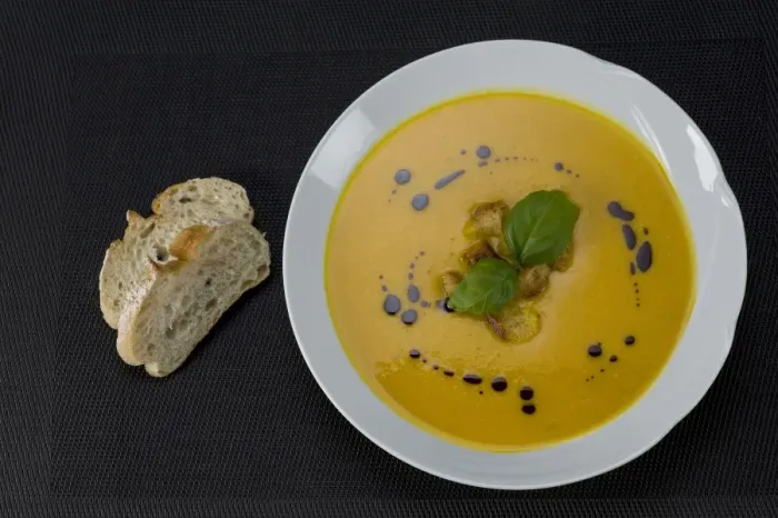 Framed Print : Pumpkin cream soup with croutons Framed Print : Pumpkin cream soup with croutons