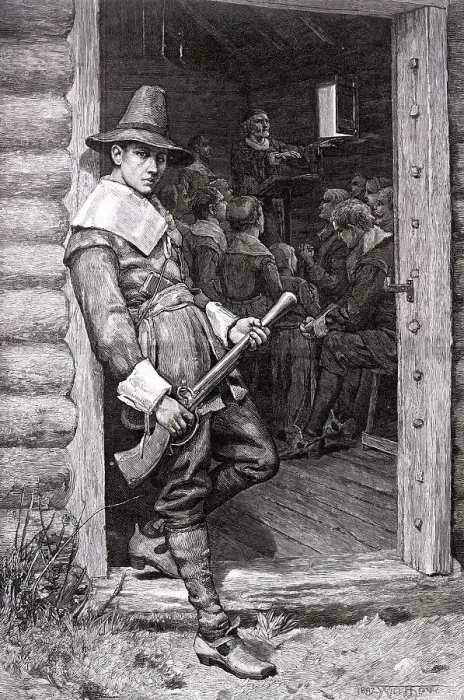 Framed Print : Puritan in Doorway During Thanksgiving Dinner Framed Print : Puritan in Doorway During Thanksgiving Dinner