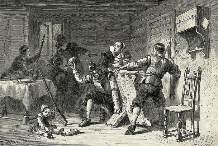 Framed Print : Puritans Barricading their House Against Indians Framed Print : Puritans Barricading their House Against Indians