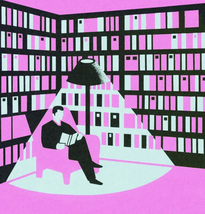 Framed Print : Purple Man Reading in Library Framed Print : Purple Man Reading in Library