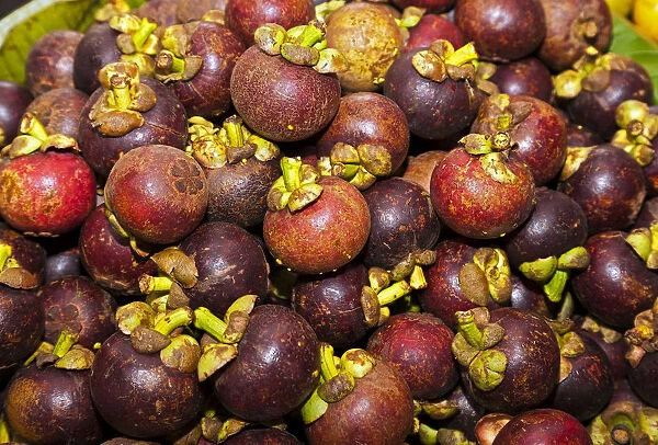 Purple Mangosteen -Garcinia mangostana-, market in the market halls, Singaraja, North Bali, Bali, Indonesia, Southeast Asia, Asia