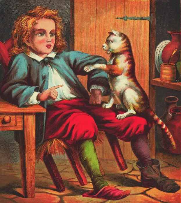 Framed Print : Puss and Boots Conversing with Young Boy Framed Print : Puss and Boots Conversing with Young Boy