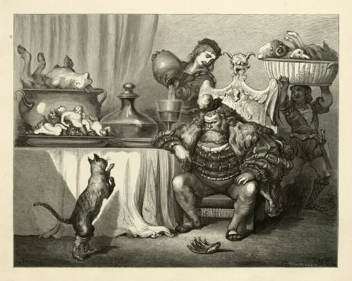 Framed Print : Puss in Boots Puss meets the ogre, Fairy Tales Framed Print : Puss in Boots Puss meets the ogre, Fairy Tales