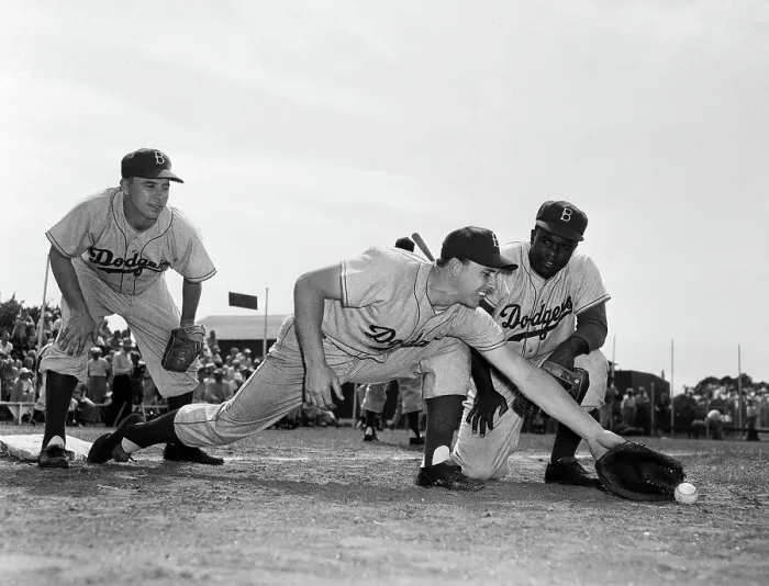 Framed Print : P.W.Reese, G.Hodges, J.Robinson In Action Framed Print : P.W.Reese, G.Hodges, J.Robinson In Action