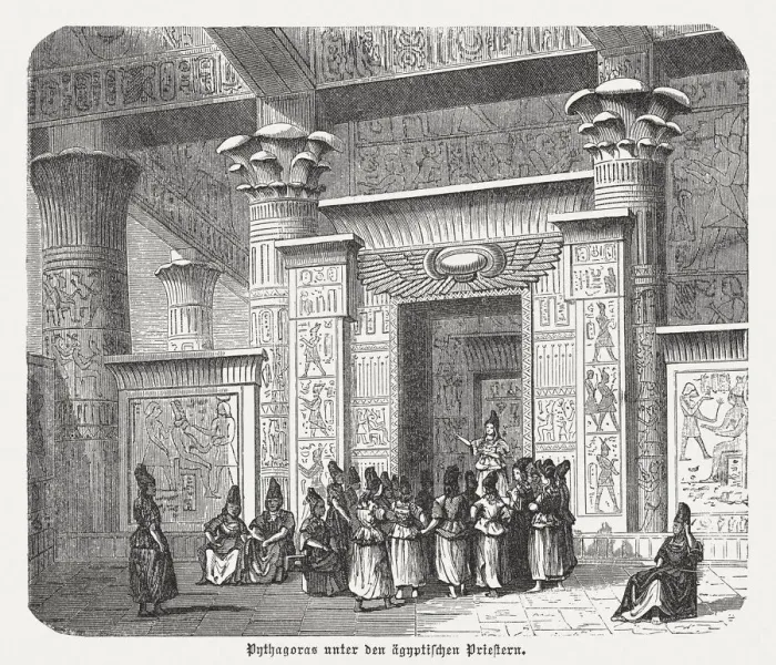 Framed Print : Pythagoras among the Egyptian priests, wood engraving, published in 1880 Framed Print : Pythagoras among the Egyptian priests, wood engraving, published in 1880