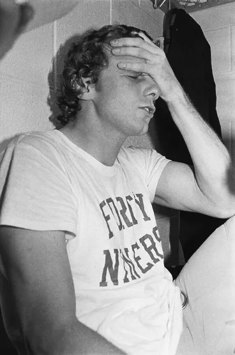Framed Print : Quarterback Joe Montana in Locker Room Framed Print : Quarterback Joe Montana in Locker Room