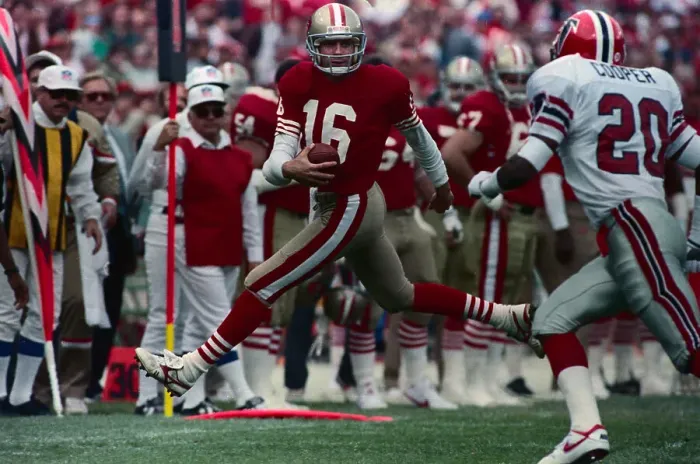 Framed Print : Quarterback Joe Montana Running for First Down Framed Print : Quarterback Joe Montana Running for First Down