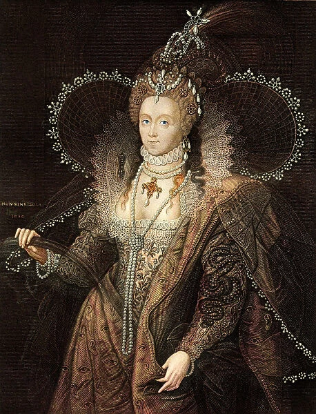 Queen Elizabeth I engraving from 1855 photo & colour work by D Walker