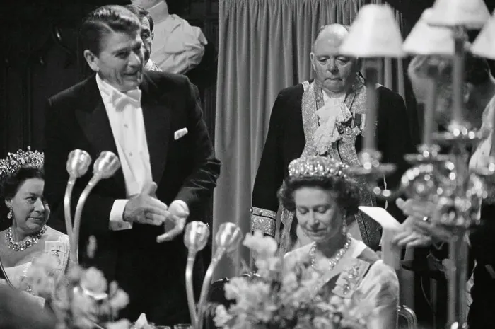 Framed Print : Queen Elizabeth Listening to President Reagan's Speech Framed Print : Queen Elizabeth Listening to President Reagan's Speech