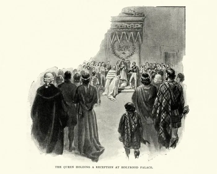 Framed Print : Queen Victoria holding a reception at Holyrood Palace, Scotland Framed Print : Queen Victoria holding a reception at Holyrood Palace, Scotland