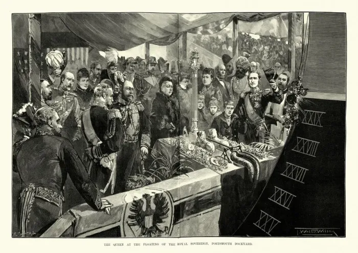 Framed Print : Queen Victoria launching the warship HMS Royal Sovereign, Portsmouth dockyard