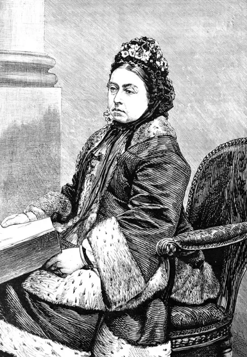 Framed Print : Queen Victoria sitting at table Framed Print : Queen Victoria sitting at table