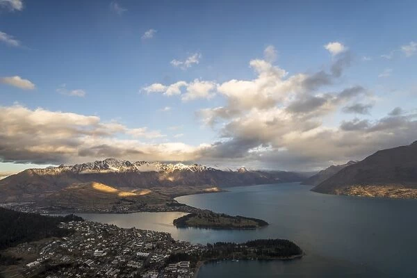 Queenstown on Lake Wakatipu and The Remarkables mountain range at sunset, Otago Region, South Island, New Zealand