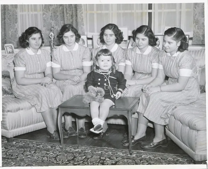Framed Print : The Quintuplets Posing with Their Younger Sister Framed Print : The Quintuplets Posing with Their Younger Sister