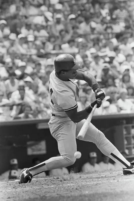 Framed Print : R Henderson Swinging Ball Near Bat