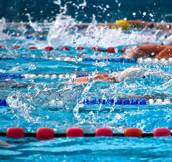The Race. Swimmers crawling in a swimming pool during a triathlon