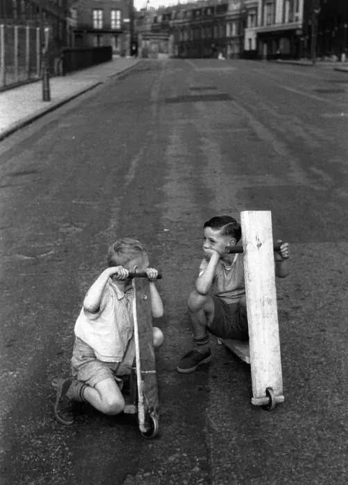 Framed Print : Race You. 7th August 1954: Two little boys playing in a London street with