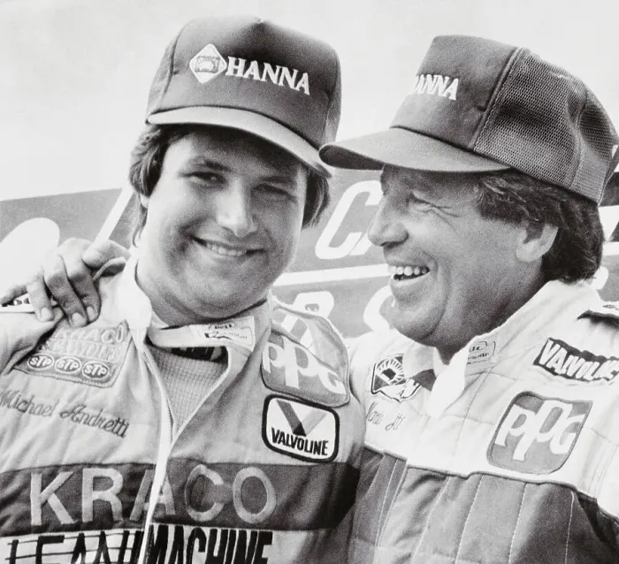Framed Print : Race Car Driver Mario Andretti and Son in Victory Pose Framed Print : Race Car Driver Mario Andretti and Son in Victory Pose