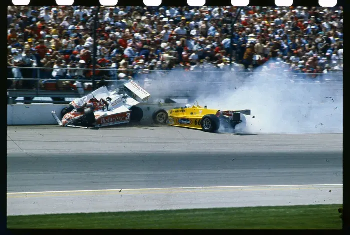 Framed Print : Race Cars Slam Into Wall in Indy 500
