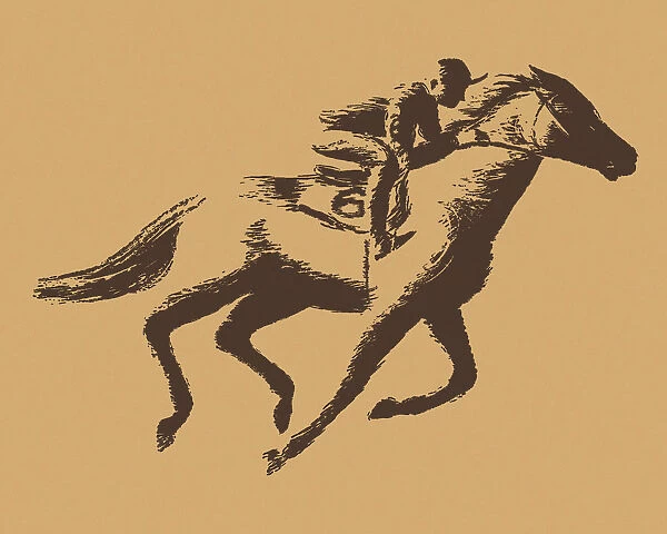 Racehorse and jockey illustration on beige background