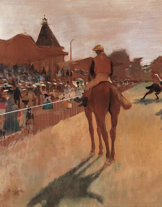 Framed Print : Racehorses in Front of the Tribunes, by Edgar Degas, 1866 - 1868 about, 19th Century, oil on canvas, cm 46 x 61 Framed Print : Racehorses in Front of the Tribunes, by Edgar Degas, 1866 - 1868 about, 19th Century, oil on canvas, cm 46 x 61